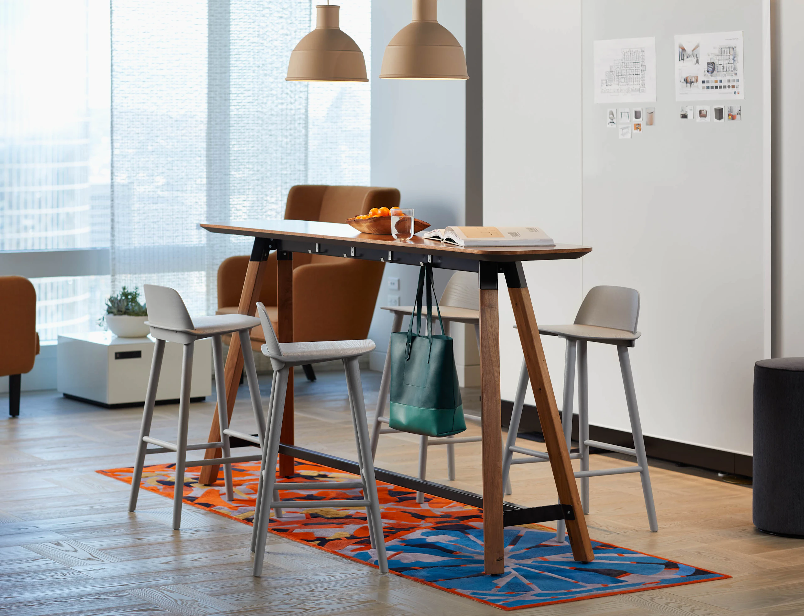 Rockwell Unscripted Tall Table drink rail Rustic Walnut tapered edge Creative Wall Highback Lounge Chair KnollExtra power cube Antenna Design Muuto Nerd Bar Stool Muuto Unfold Pendant Lamp lighting shared spaces collaboration team meeting community