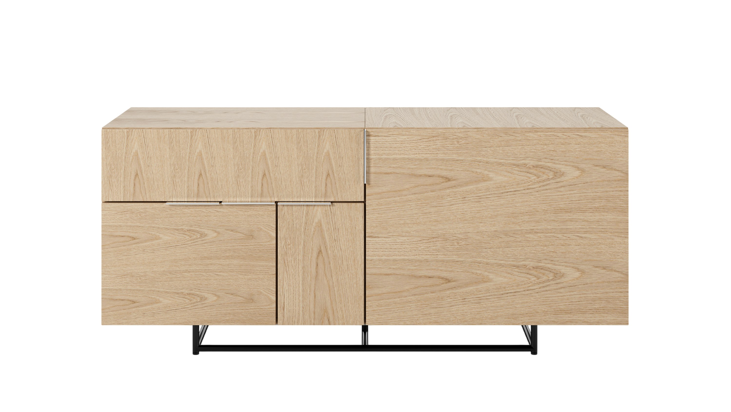 Two unit wide Domino Credenza with mixed storage in oak with a black base viewed from the front.