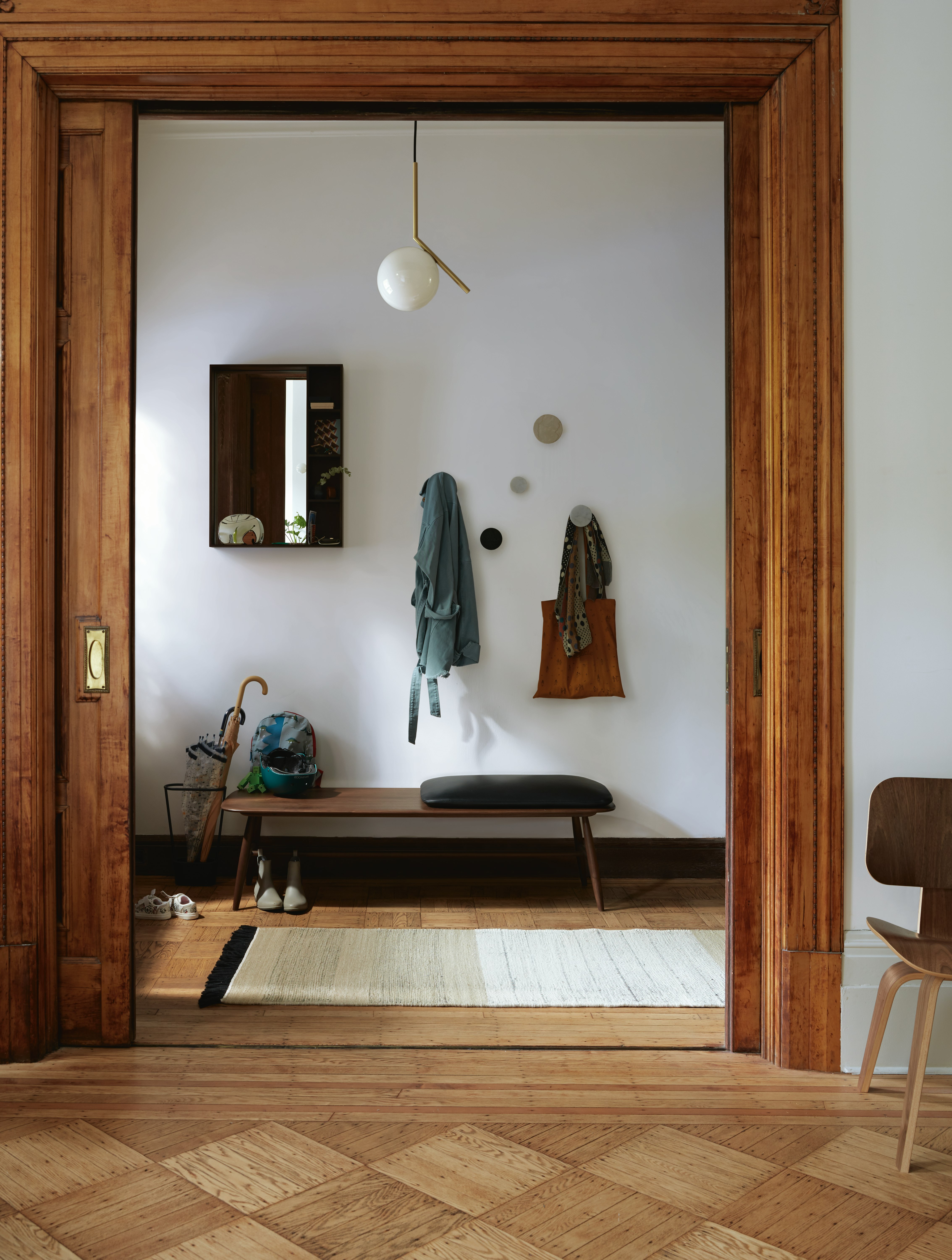 Von Bench with Leather Seat Pad in Entryway