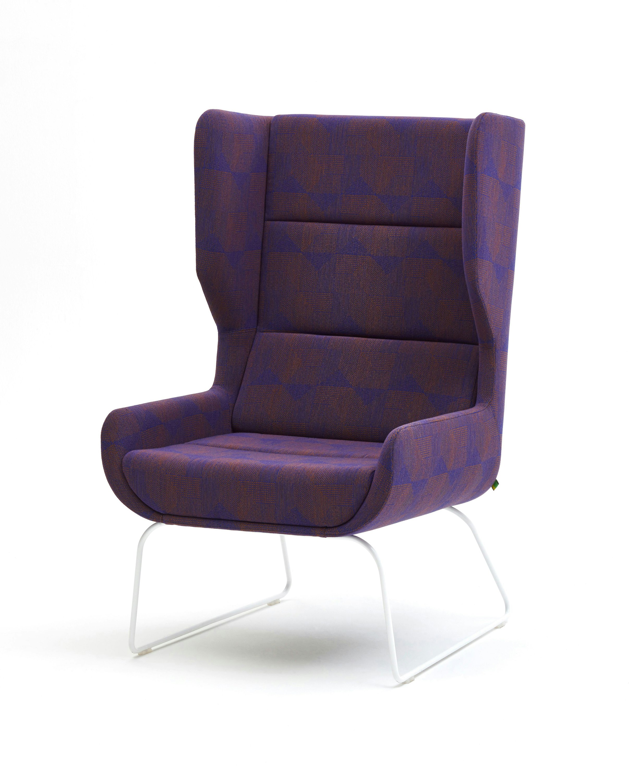 A purple and maroon patterned Hush Chair with a white sled base, viewed at an angle.