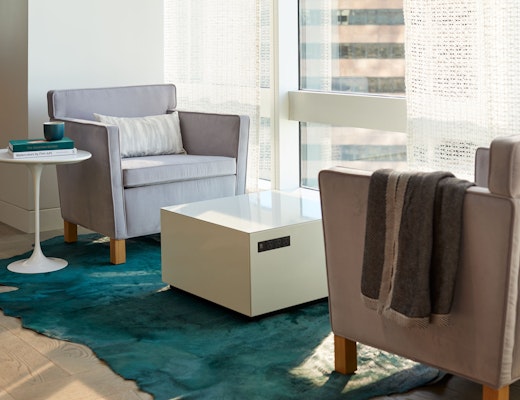 Refuge Space with Krefeld Lounge Chair and KnollExtra Power Cube Krefeld lounge chair KnollExtra Power Cube Saarinen side table Edelman Kyle Bunting rug refuge focus shared spaces