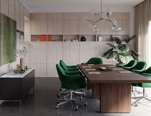 Datesweiser JD Table, Florence Knoll Credenza, Saarinen Executive Armchair, In Tune Upholstery