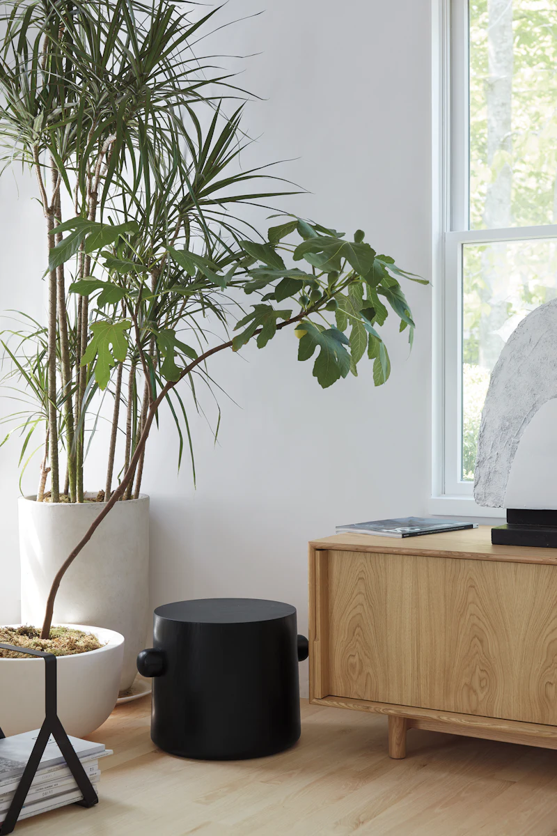 Tall floor lamp beside a white wall with a window showing greenery