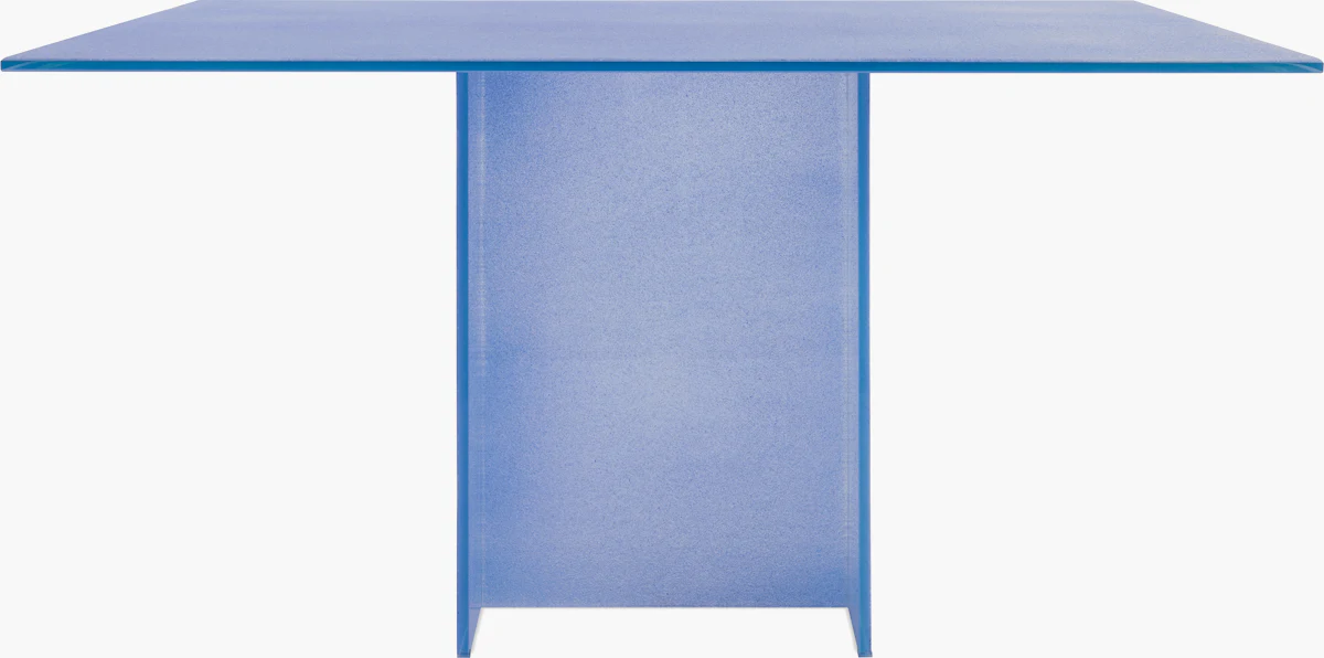 Close-up of a blue textured panel or edge of a metal furniture piece