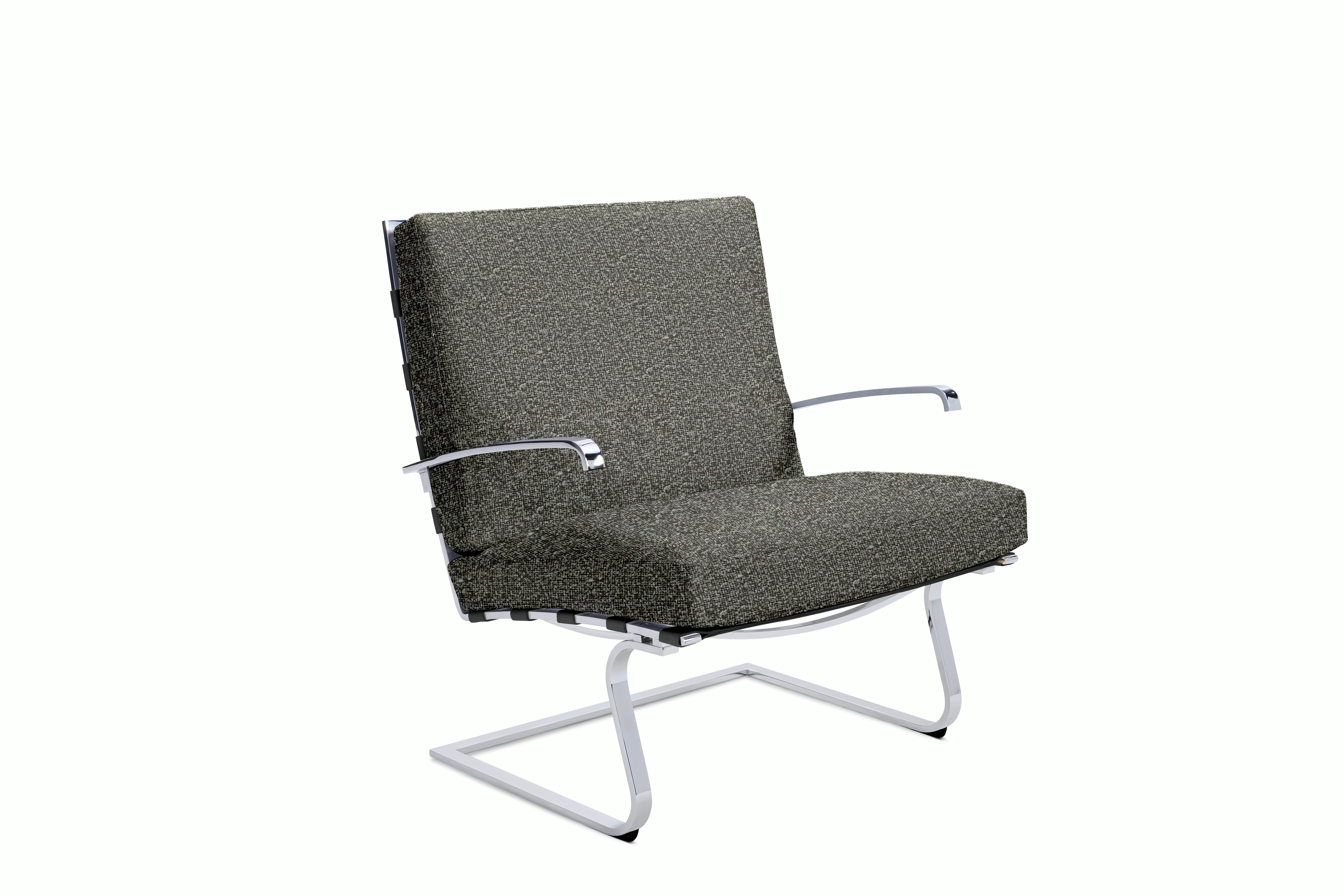 Tugendhat Chair in Modern Tweed,  Tailor with belting in Belting Leather,  Black and chrome frame