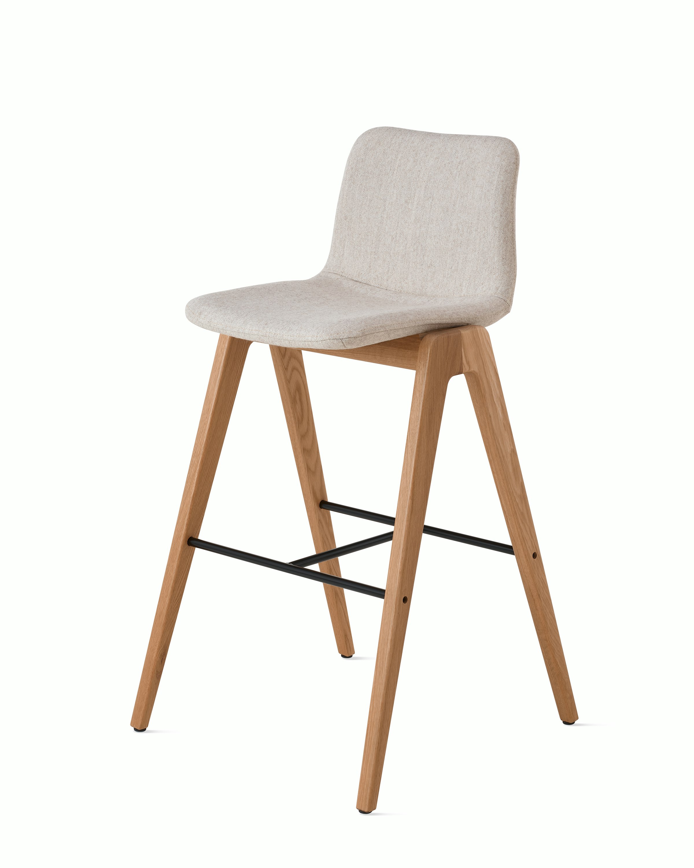 White sweep of Viv wood chair with light grey fabric and 4 leg solid oak base