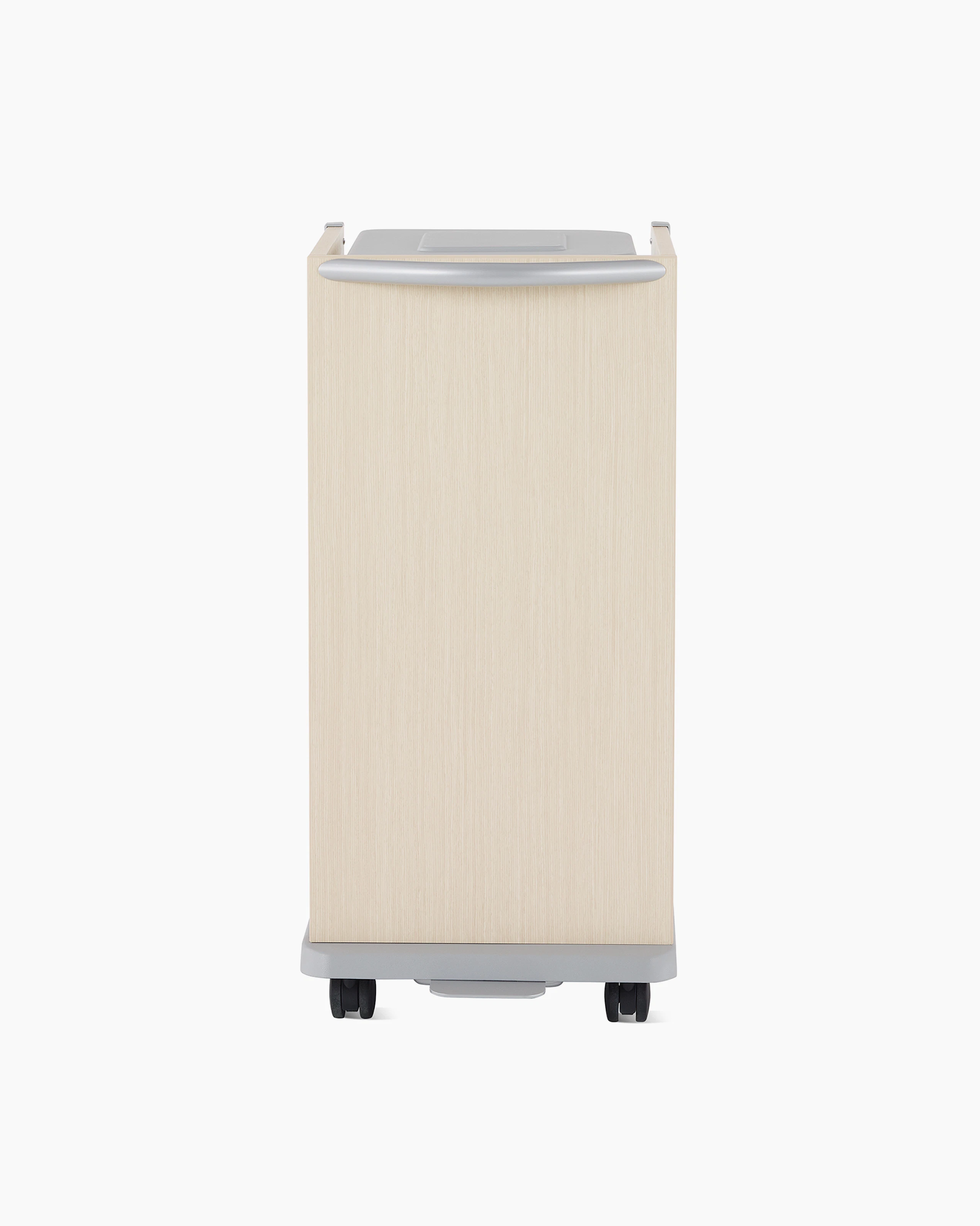 Front view of a Mora casework linen cart in a light ash finish.