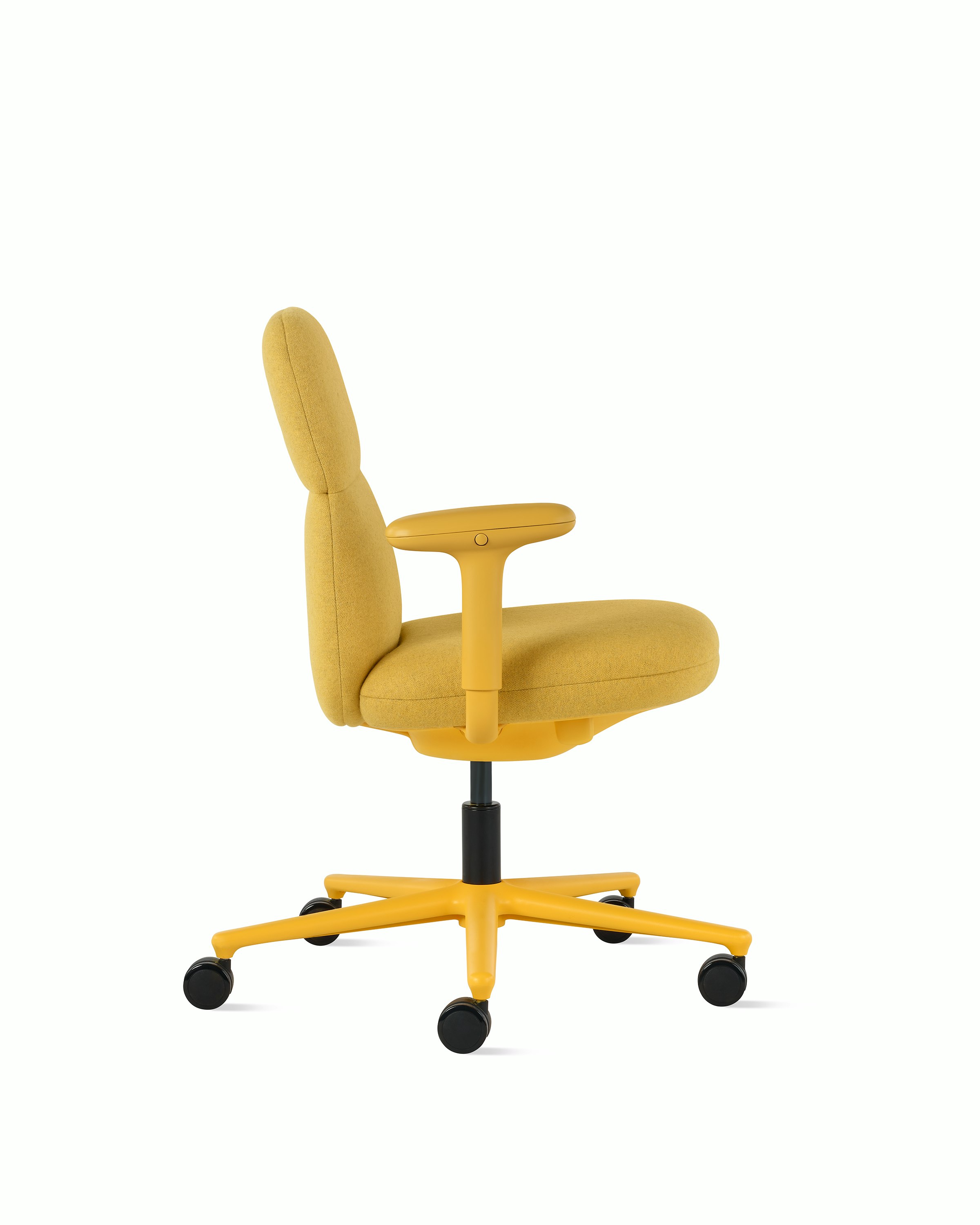 Side view of a mid-back Asari chair by Herman Miller in yellow with height adjustable arms.