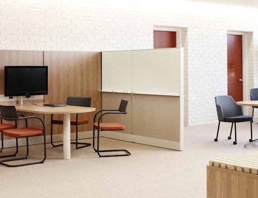 Dividends Horizon Media Enclave laminate fronts wood grain laminate marker board panels beltway power round café table column leg x-base credenza storage
