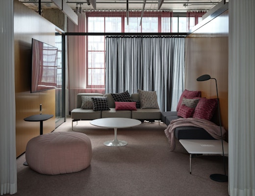 Knoll at Fulton Market | Furniture as Architecture Design Days 2021 rockwell unscripted creative wall pixel lounge muuto five pouf saarinen coffee table muuto relate side table muuto leaf floor lamp knoll at fulton market